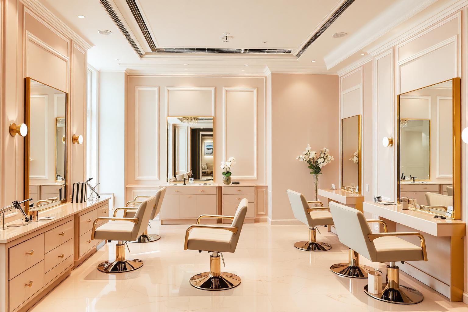 Elegant interior of Perry Beauty Salon with gold accents and soft lighting